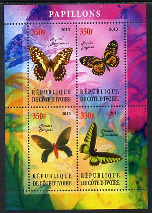 Ivory Coast 2013 Butterflies #3 perf sheetlet containing 4 values unmounted mint, stamps on , stamps on  stamps on butterflies