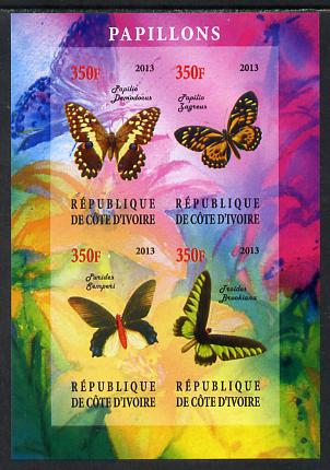 Ivory Coast 2013 Butterflies #3 imperf sheetlet containing 4 values unmounted mint, stamps on butterflies