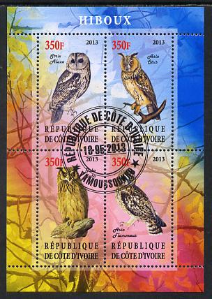 Ivory Coast 2013 Owls perf sheetlet containing 4 values fine cto used, stamps on , stamps on  stamps on birds, stamps on  stamps on birds of prey, stamps on  stamps on owls
