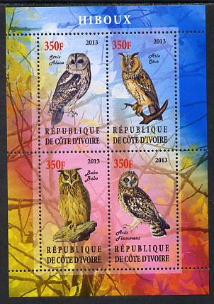 Ivory Coast 2013 Owls perf sheetlet containing 4 values unmounted mint, stamps on birds, stamps on birds of prey, stamps on owls