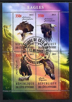 Ivory Coast 2013 Eagles #2 perf sheetlet containing 4 values fine cto used, stamps on birds, stamps on birds of prey, stamps on eagles