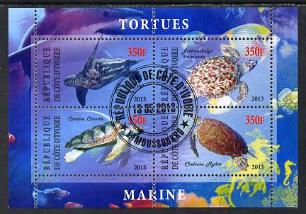 Ivory Coast 2013 Turtles perf sheetlet containing 4 values fine cto used, stamps on reptiles, stamps on turtles