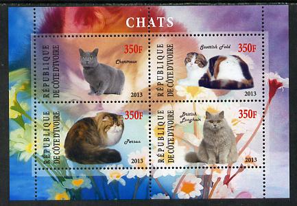 Ivory Coast 2013 Domestic Cats #2 perf sheetlet containing 4 values unmounted mint, stamps on cats