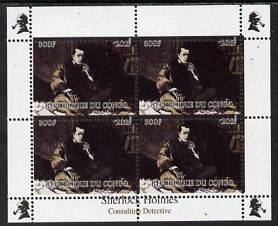Congo 2013 Sherlock Holmes #1a perf sheetlet containing 4 vals (top left design from sheet #1) unmounted mint. Note this item is privately produced and is offered purely on its thematic appeal , stamps on crime, stamps on films, stamps on  tv , stamps on films, stamps on cinema, stamps on movies, stamps on literature, stamps on smoking, stamps on tobacco