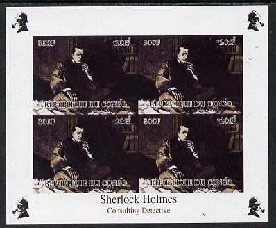 Congo 2013 Sherlock Holmes #1a imperf sheetlet containing 4 vals (top left design from sheet #1) unmounted mint. Note this item is privately produced and is offered purely on its thematic appeal, it has no postal validity, stamps on , stamps on  stamps on crime, stamps on  stamps on films, stamps on  stamps on  tv , stamps on  stamps on films, stamps on  stamps on cinema, stamps on  stamps on movies, stamps on  stamps on literature, stamps on  stamps on smoking, stamps on  stamps on tobacco