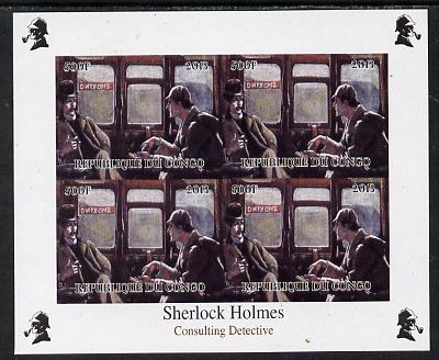 Congo 2013 Sherlock Holmes #1b imperf sheetlet containing 4 vals (top right design from sheet #1) unmounted mint. Note this item is privately produced and is offered purely on its thematic appeal, it has no postal validity, stamps on , stamps on  stamps on crime, stamps on  stamps on films, stamps on  stamps on  tv , stamps on  stamps on films, stamps on  stamps on cinema, stamps on  stamps on movies, stamps on  stamps on literature, stamps on  stamps on smoking, stamps on  stamps on tobacco, stamps on  stamps on railways