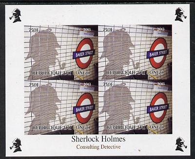 Congo 2013 Sherlock Holmes #1c imperf sheetlet containing 4 vals (lower left design from sheet #1) unmounted mint. Note this item is privately produced and is offered purely on its thematic appeal, it has no postal validity, stamps on , stamps on  stamps on crime, stamps on  stamps on films, stamps on  stamps on  tv , stamps on  stamps on films, stamps on  stamps on cinema, stamps on  stamps on movies, stamps on  stamps on literature, stamps on  stamps on smoking, stamps on  stamps on tobacco, stamps on  stamps on railways, stamps on  stamps on london, stamps on  stamps on underground