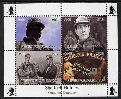 Congo 2013 Sherlock Holmes #2 perf sheetlet containing 4 vals unmounted mint. Note this item is privately produced and is offered purely on its thematic appeal , stamps on crime, stamps on films, stamps on  tv , stamps on films, stamps on cinema, stamps on movies, stamps on london, stamps on literature, stamps on smoking, stamps on tobacco
