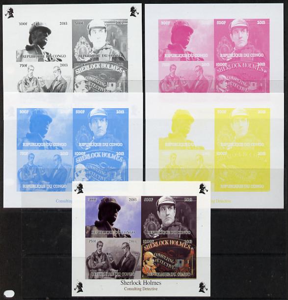 Congo 2013 Sherlock Holmes #2 sheetlet containing 4 vals - the set of 5 imperf progressive colour proofs comprising the 4 basic colours plus all 4-colour composite unmoun..., stamps on crime, stamps on films, stamps on  tv , stamps on films, stamps on cinema, stamps on movies, stamps on london, stamps on literature, stamps on smoking, stamps on tobacco