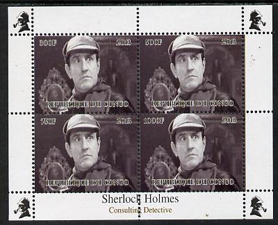 Congo 2013 Sherlock Holmes #2b perf sheetlet containing 4 vals (top right design from sheet #2) unmounted mint. Note this item is privately produced and is offered purely on its thematic appeal , stamps on crime, stamps on films, stamps on  tv , stamps on films, stamps on cinema, stamps on movies, stamps on literature, stamps on smoking, stamps on tobacco