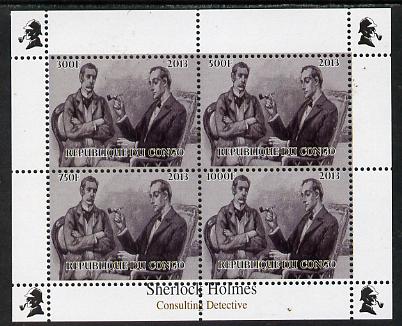 Congo 2013 Sherlock Holmes #2c perf sheetlet containing 4 vals (lower left design from sheet #2) unmounted mint. Note this item is privately produced and is offered purel..., stamps on crime, stamps on films, stamps on  tv , stamps on films, stamps on cinema, stamps on movies, stamps on literature, stamps on smoking, stamps on tobacco