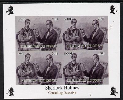 Congo 2013 Sherlock Holmes #2c imperf sheetlet containing 4 vals (lower left design from sheet #2) unmounted mint Note this item is privately produced and is offered purely on its thematic appeal, it has no postal validity, stamps on crime, stamps on films, stamps on  tv , stamps on films, stamps on cinema, stamps on movies, stamps on literature, stamps on smoking, stamps on tobacco