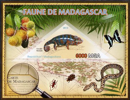 Madagascar 2013 Fauna - Panther Chameleon imperf sheetlet containing one triangular value unmounted mint, stamps on triangulars, stamps on maps, stamps on animals, stamps on chameleons, stamps on reptiles, stamps on snakes, stamps on butterflies