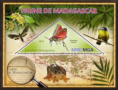 Madagascar 2013 Fauna - Phymateus Grasshopper perf sheetlet containing one triangular value unmounted mint, stamps on , stamps on  stamps on triangulars, stamps on  stamps on maps, stamps on  stamps on animals, stamps on  stamps on insects, stamps on  stamps on birds, stamps on  stamps on frogs, stamps on  stamps on butterflies