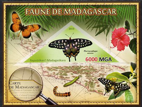 Madagascar 2013 Fauna - Giant Swallowtail Butterfly imperf sheetlet containing one triangular value unmounted mint, stamps on , stamps on  stamps on triangulars, stamps on  stamps on maps, stamps on  stamps on animals, stamps on  stamps on insects, stamps on  stamps on butterflies, stamps on  stamps on flowers