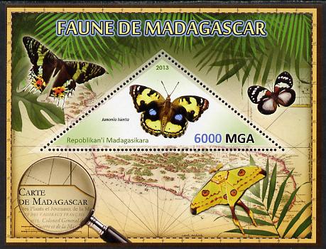 Madagascar 2013 Fauna - Yellow Pansy Butterfly perf sheetlet containing one triangular value unmounted mint, stamps on , stamps on  stamps on triangulars, stamps on  stamps on maps, stamps on  stamps on animals, stamps on  stamps on insects, stamps on  stamps on butterflies, stamps on  stamps on 