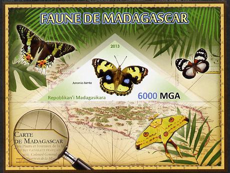 Madagascar 2013 Fauna - Yellow Pansy Butterfly imperf sheetlet containing one triangular value unmounted mint, stamps on , stamps on  stamps on triangulars, stamps on  stamps on maps, stamps on  stamps on animals, stamps on  stamps on insects, stamps on  stamps on butterflies, stamps on  stamps on 