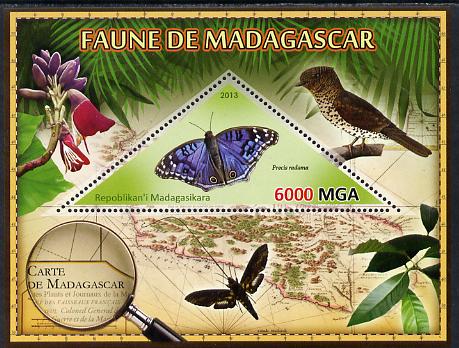 Madagascar 2013 Fauna - Blue African Butterfly perf sheetlet containing one triangular value unmounted mint, stamps on , stamps on  stamps on triangulars, stamps on  stamps on maps, stamps on  stamps on animals, stamps on  stamps on insects, stamps on  stamps on birds, stamps on  stamps on flowers, stamps on  stamps on butterflies, stamps on  stamps on 