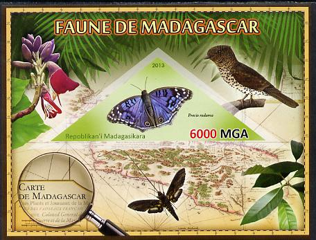 Madagascar 2013 Fauna - Blue African Butterfly imperf sheetlet containing one triangular value unmounted mint, stamps on triangulars, stamps on maps, stamps on animals, stamps on insects, stamps on birds, stamps on flowers, stamps on butterflies, stamps on 