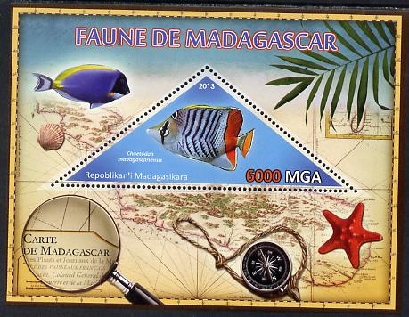 Madagascar 2013 Fauna - Butterflyfish perf sheetlet containing one triangular value unmounted mint, stamps on , stamps on  stamps on triangulars, stamps on  stamps on maps, stamps on  stamps on marine life, stamps on  stamps on fish, stamps on  stamps on shells, stamps on  stamps on compass