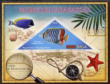 Madagascar 2013 Fauna - Butterflyfish imperf sheetlet containing one triangular value unmounted mint, stamps on , stamps on  stamps on triangulars, stamps on  stamps on maps, stamps on  stamps on marine life, stamps on  stamps on fish, stamps on  stamps on shells, stamps on  stamps on compass