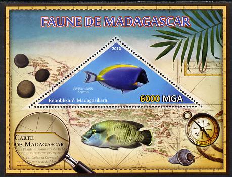 Madagascar 2013 Fauna - Surgeonfish perf sheetlet containing one triangular value unmounted mint, stamps on , stamps on  stamps on triangulars, stamps on  stamps on maps, stamps on  stamps on marine life, stamps on  stamps on fish, stamps on  stamps on shells, stamps on  stamps on compass