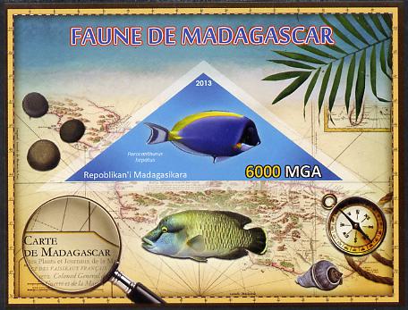 Madagascar 2013 Fauna - Surgeonfish imperf sheetlet containing one triangular value unmounted mint, stamps on , stamps on  stamps on triangulars, stamps on  stamps on maps, stamps on  stamps on marine life, stamps on  stamps on fish, stamps on  stamps on shells, stamps on  stamps on compass