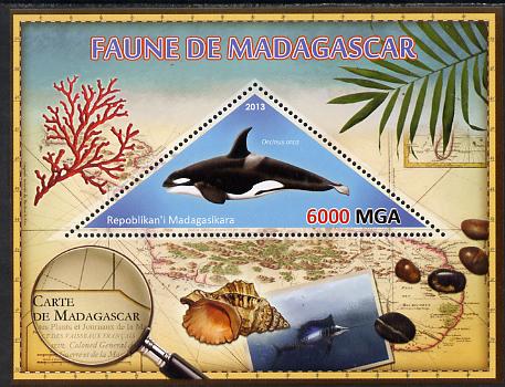 Madagascar 2013 Fauna - Killer Whale perf sheetlet containing one triangular value unmounted mint, stamps on , stamps on  stamps on triangulars, stamps on  stamps on maps, stamps on  stamps on marine life, stamps on  stamps on whales, stamps on  stamps on coral, stamps on  stamps on shells, stamps on  stamps on 