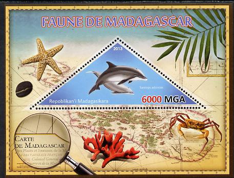 Madagascar 2013 Fauna - Bottlenose Dolphin perf sheetlet containing one triangular value unmounted mint, stamps on triangulars, stamps on maps, stamps on marine life, stamps on whales, stamps on coral, stamps on crabs, stamps on fish, stamps on dolphins