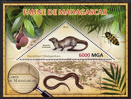 Madagascar 2013 Fauna - Egyptian Mongoose perf sheetlet containing one triangular value unmounted mint, stamps on , stamps on  stamps on triangulars, stamps on  stamps on maps, stamps on  stamps on animals, stamps on  stamps on insects, stamps on  stamps on mongoose, stamps on  stamps on snakes