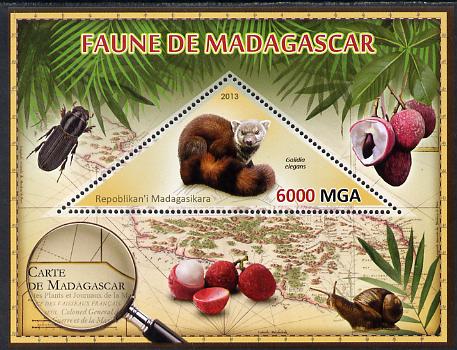 Madagascar 2013 Fauna - Ring-Tailed Mongoose perf sheetlet containing one triangular value unmounted mint, stamps on , stamps on  stamps on triangulars, stamps on  stamps on maps, stamps on  stamps on animals, stamps on  stamps on insects, stamps on  stamps on mongoose, stamps on  stamps on fruit