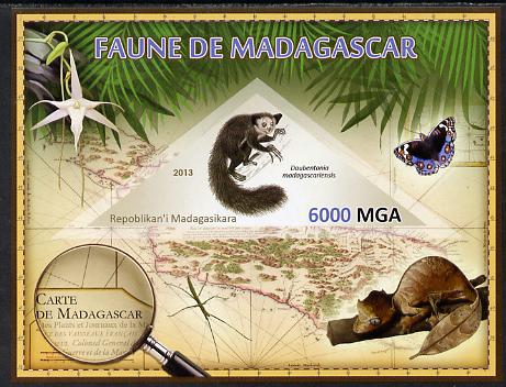 Madagascar 2013 Fauna - Aye-Aye imperf sheetlet containing one triangular value unmounted mint, stamps on , stamps on  stamps on triangulars, stamps on  stamps on maps, stamps on  stamps on animals, stamps on  stamps on insects, stamps on  stamps on butterflies, stamps on  stamps on flowers