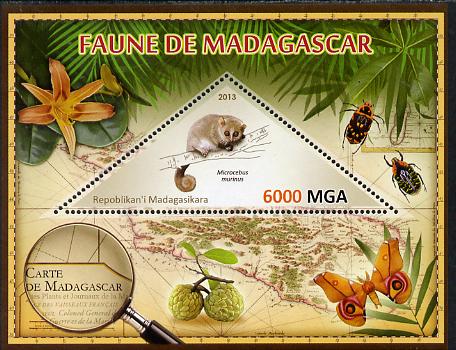 Madagascar 2013 Fauna - Gray Mouse Lemur perf sheetlet containing one triangular value unmounted mint, stamps on , stamps on  stamps on triangulars, stamps on  stamps on maps, stamps on  stamps on animals, stamps on  stamps on insects, stamps on  stamps on lemurs, stamps on  stamps on butterflies, stamps on  stamps on flowers