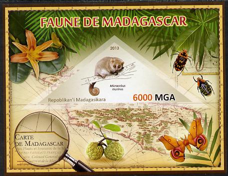 Madagascar 2013 Fauna - Gray Mouse Lemur imperf sheetlet containing one triangular value unmounted mint, stamps on , stamps on  stamps on triangulars, stamps on  stamps on maps, stamps on  stamps on animals, stamps on  stamps on insects, stamps on  stamps on lemurs, stamps on  stamps on butterflies, stamps on  stamps on flowers