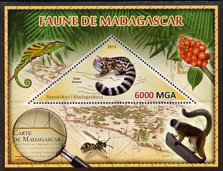 Madagascar 2013 Fauna - Malagasy Civet perf sheetlet containing one triangular value unmounted mint, stamps on , stamps on  stamps on triangulars, stamps on  stamps on maps, stamps on  stamps on animals, stamps on  stamps on insects, stamps on  stamps on civets, stamps on  stamps on flowers, stamps on  stamps on lizards