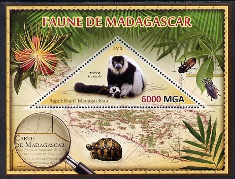 Madagascar 2013 Fauna - Ruffed Lemur perf sheetlet containing one triangular value unmounted mint, stamps on , stamps on  stamps on triangulars, stamps on  stamps on maps, stamps on  stamps on animals, stamps on  stamps on insects, stamps on  stamps on lemurs, stamps on  stamps on tortoises, stamps on  stamps on flowers