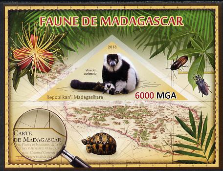 Madagascar 2013 Fauna - Ruffed Lemur imperf sheetlet containing one triangular value unmounted mint, stamps on , stamps on  stamps on triangulars, stamps on  stamps on maps, stamps on  stamps on animals, stamps on  stamps on insects, stamps on  stamps on lemurs, stamps on  stamps on tortoises, stamps on  stamps on flowers