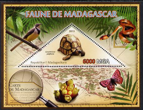 Madagascar 2013 Fauna - Angonoka Tortoise perf sheetlet containing one triangular value unmounted mint, stamps on triangulars, stamps on maps, stamps on animals, stamps on insects, stamps on snakes, stamps on tortoises, stamps on flowers, stamps on birds