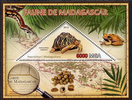 Madagascar 2013 Fauna - Madagascar Tortoise perf sheetlet containing one triangular value unmounted mint, stamps on triangulars, stamps on maps, stamps on animals, stamps on insects, stamps on frogs, stamps on tortoises, stamps on snakes