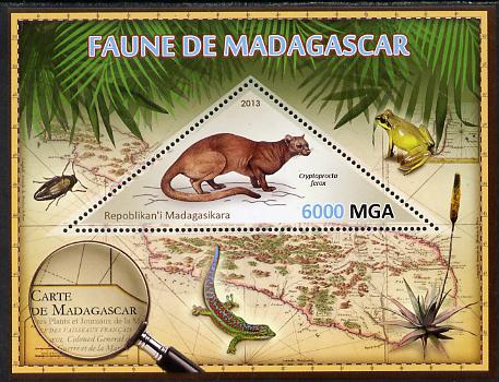 Madagascar 2013 Fauna - Fossa perf sheetlet containing one triangular value unmounted mint, stamps on triangulars, stamps on maps, stamps on animals, stamps on insects, stamps on frogs, stamps on lizards, stamps on flowers