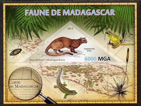 Madagascar 2013 Fauna - Fossa imperf sheetlet containing one triangular value unmounted mint, stamps on , stamps on  stamps on triangulars, stamps on  stamps on maps, stamps on  stamps on animals, stamps on  stamps on insects, stamps on  stamps on frogs, stamps on  stamps on lizards, stamps on  stamps on flowers