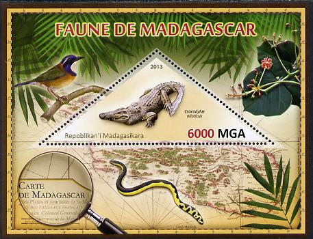 Madagascar 2013 Fauna - Nile Crocodile perf sheetlet containing one triangular value unmounted mint, stamps on , stamps on  stamps on triangulars, stamps on  stamps on maps, stamps on  stamps on animals, stamps on  stamps on reptiles, stamps on  stamps on crocodiles, stamps on  stamps on snakes, stamps on  stamps on birds