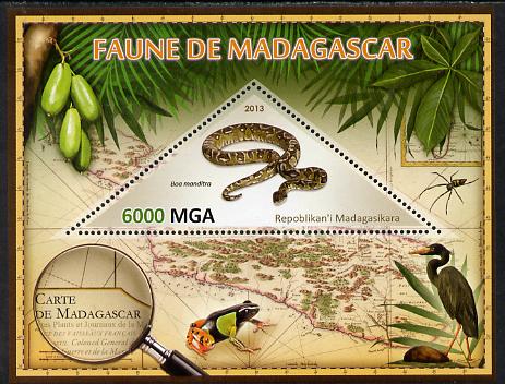 Madagascar 2013 Fauna - Boa Manditra perf sheetlet containing one triangular value unmounted mint, stamps on triangulars, stamps on maps, stamps on animals, stamps on reptiles, stamps on , stamps on snakes, stamps on birds, stamps on frogs, stamps on insects