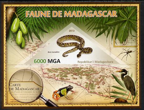 Madagascar 2013 Fauna - Boa Manditra imperf sheetlet containing one triangular value unmounted mint, stamps on triangulars, stamps on maps, stamps on animals, stamps on reptiles, stamps on , stamps on snakes, stamps on birds, stamps on frogs, stamps on insects