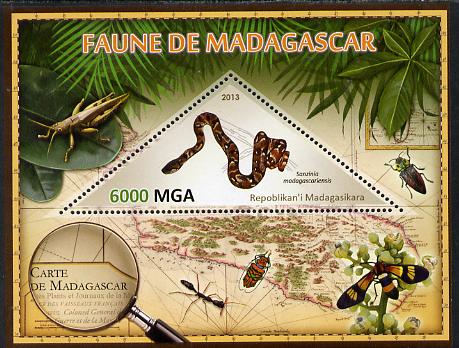 Madagascar 2013 Fauna - Madagascar Tree Boa perf sheetlet containing one triangular value unmounted mint, stamps on , stamps on  stamps on triangulars, stamps on  stamps on maps, stamps on  stamps on animals, stamps on  stamps on reptiles, stamps on  stamps on , stamps on  stamps on snakes, stamps on  stamps on insects