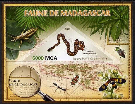 Madagascar 2013 Fauna - Madagascar Tree Boa imperf sheetlet containing one triangular value unmounted mint, stamps on triangulars, stamps on maps, stamps on animals, stamps on reptiles, stamps on , stamps on snakes, stamps on insects