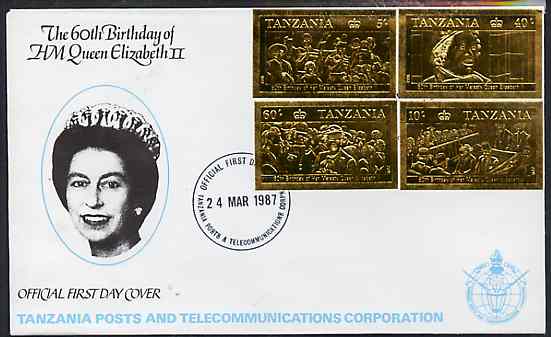 Tanzania 1987 Queens 60th Birthday imperf set of 4 values embossed in 22k gold foil (as SG 517-20) on cover with first day cancel, stamps on royalty     60th birthday