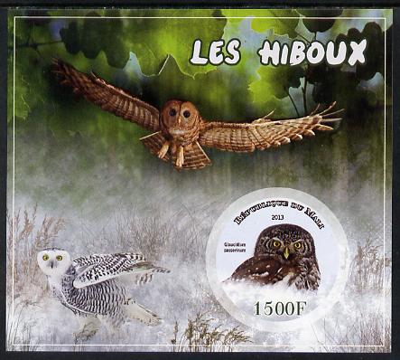 Mali 2013 Owls imperf sheetlet containing one circular value unmounted mint, stamps on , stamps on  stamps on circular, stamps on  stamps on shaped, stamps on  stamps on owls, stamps on  stamps on birds, stamps on  stamps on birds of prey