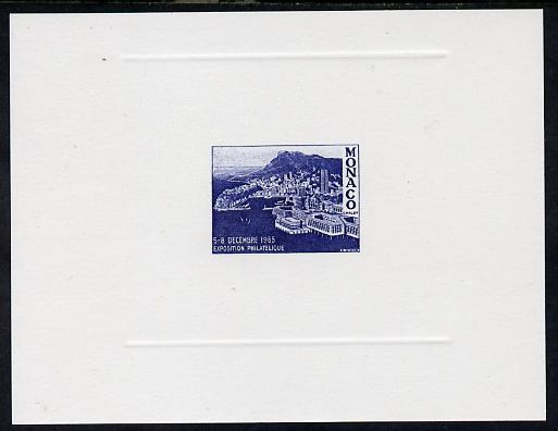 Monaco 1985 Philatelic Exhibition undenominated die proof on sunken card in bight blue, stamps on stamp exhibitions