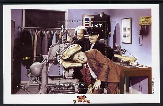 Mongolia 1998 The Three Stooges (Comedy series) perf m/sheet #4 containing 1 value (Head in Trouser Press) unmounted mint, SG MS 2697d, stamps on , stamps on  stamps on films, stamps on  stamps on cinema, stamps on  stamps on comedy, stamps on  stamps on 